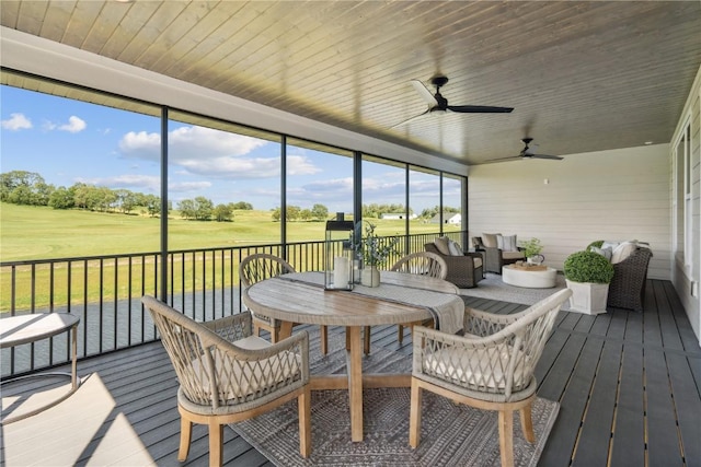 sunroom / solarium featuring ceiling fan and wooden ceiling