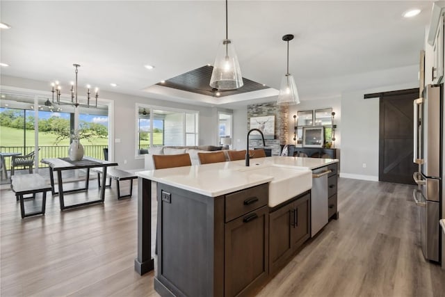 kitchen with a kitchen island with sink, sink, a barn door, appliances with stainless steel finishes, and light hardwood / wood-style floors