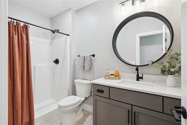 bathroom featuring vanity, toilet, tile patterned flooring, and a shower with shower curtain