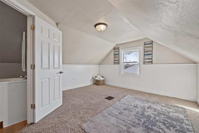 additional living space with lofted ceiling, a textured ceiling, and carpet