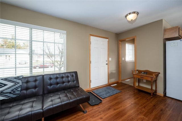 living room with dark hardwood / wood-style floors