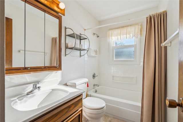 full bathroom with toilet, shower / tub combo with curtain, and vanity