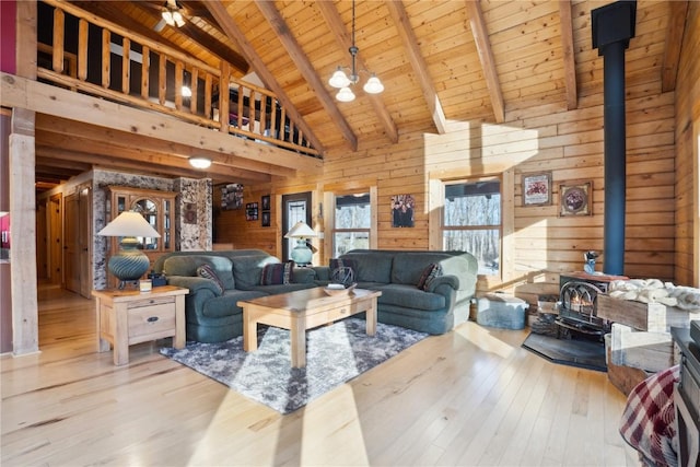 living room featuring a wood stove, high vaulted ceiling, wooden ceiling, beamed ceiling, and wood walls