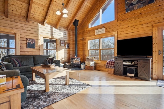 living room featuring wooden walls, high vaulted ceiling, beamed ceiling, a wood stove, and wood ceiling