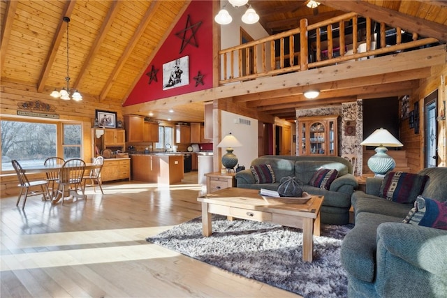 living room with wood ceiling, a chandelier, high vaulted ceiling, beamed ceiling, and light hardwood / wood-style floors