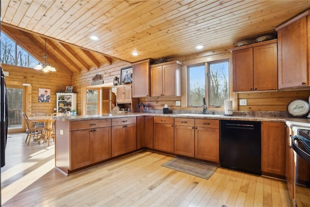 kitchen featuring sink, wood ceiling, black dishwasher, range with electric cooktop, and light hardwood / wood-style floors