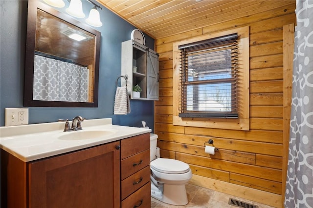 bathroom featuring wooden walls, tile patterned flooring, vanity, wood ceiling, and toilet