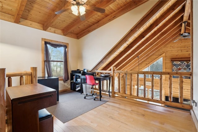 office area with plenty of natural light, light wood-type flooring, wooden ceiling, and high vaulted ceiling