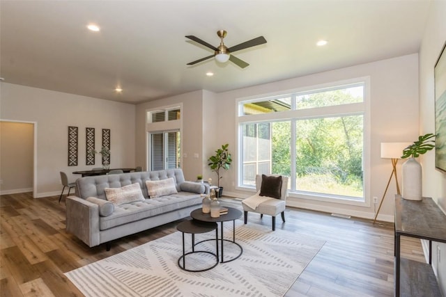 living room featuring ceiling fan and wood-type flooring