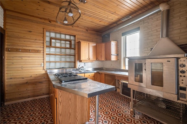 kitchen featuring kitchen peninsula, wood walls, wood ceiling, and sink