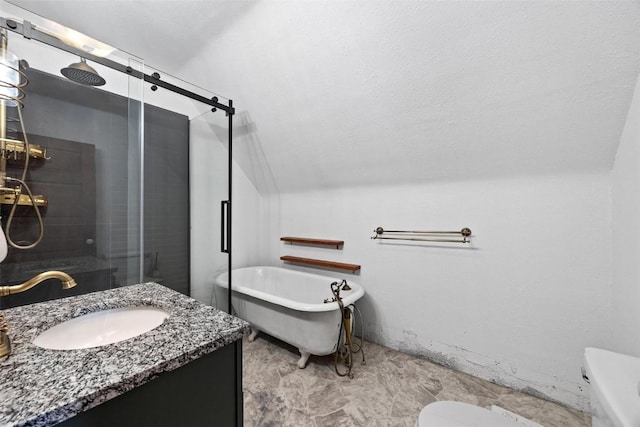 full bathroom with independent shower and bath, vanity, and toilet