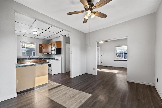 kitchen featuring a paneled ceiling, ceiling fan, white range, dark wood-type flooring, and sink