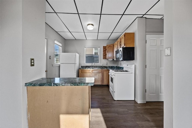 kitchen featuring white appliances, dark hardwood / wood-style flooring, and sink