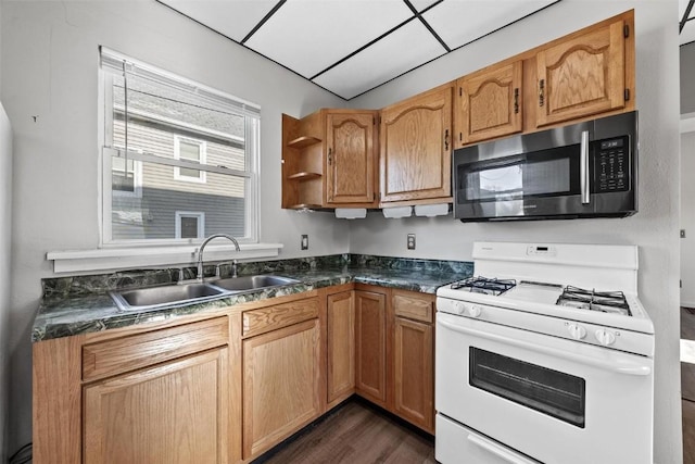 kitchen featuring sink, dark hardwood / wood-style floors, and white gas range