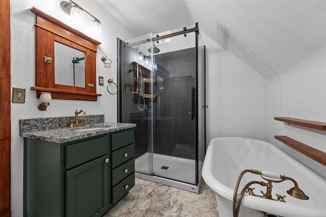 bathroom featuring separate shower and tub and vanity