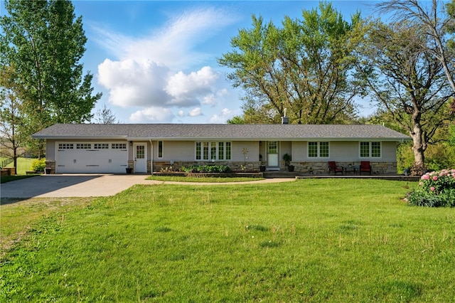 1394 210th St, Tipton, IA 52772 - single story home with a garage, driveway, stone siding, and a front lawn