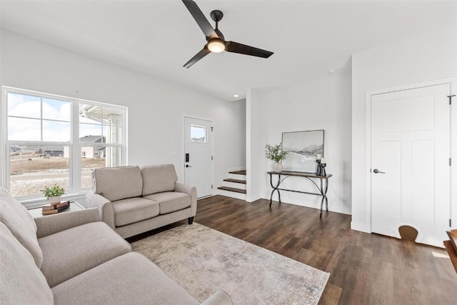 living room featuring ceiling fan and dark wood-type flooring