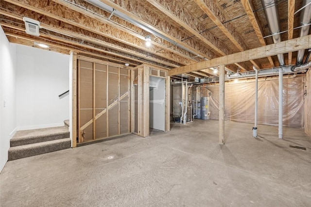 basement with heating unit and water heater