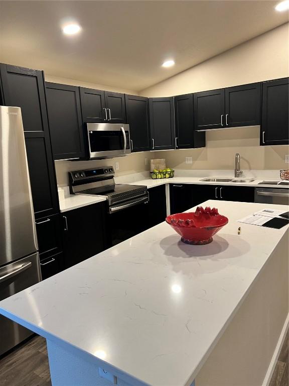 kitchen featuring stainless steel appliances, lofted ceiling, sink, and dark hardwood / wood-style flooring