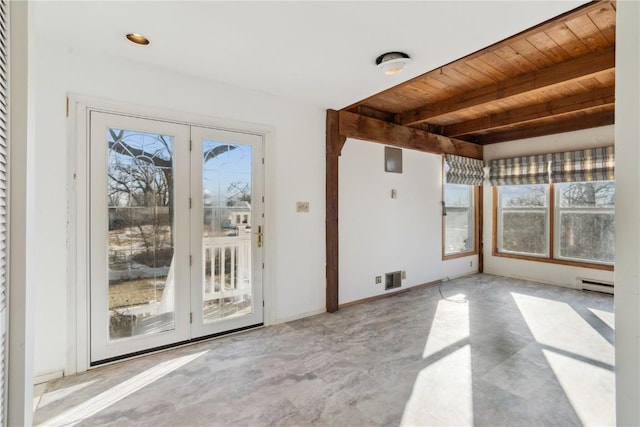 interior space with baseboard heating, wood ceiling, and beam ceiling