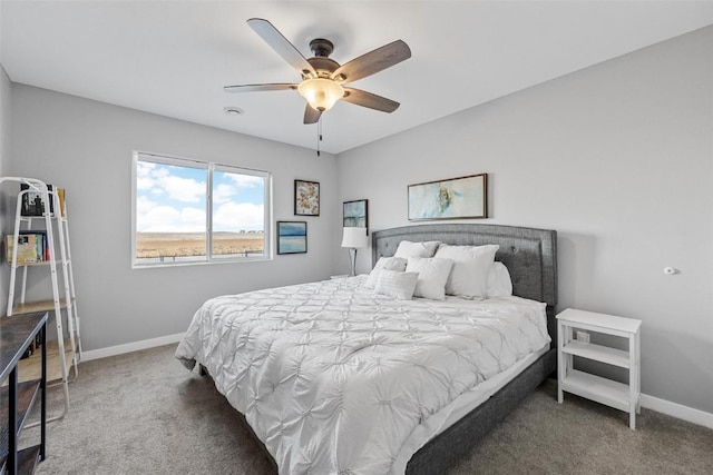 bedroom with ceiling fan and dark carpet