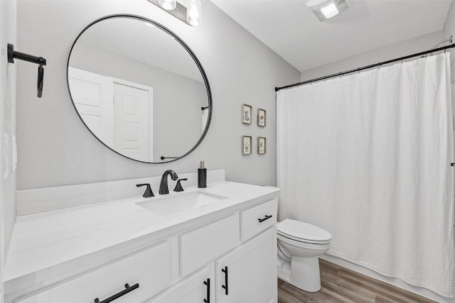 bathroom with wood-type flooring, toilet, and vanity