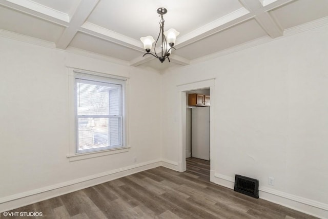 interior space featuring dark wood-type flooring, beam ceiling, a notable chandelier, and coffered ceiling