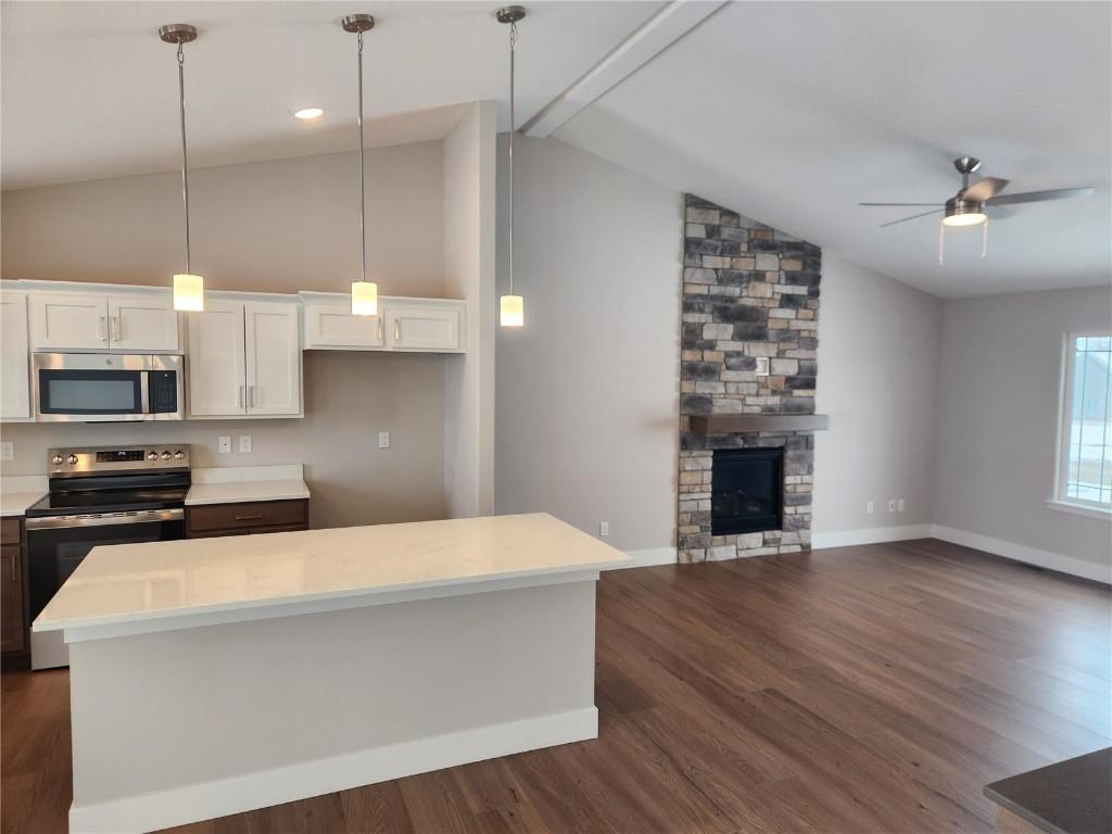 kitchen with dark wood-type flooring, white cabinetry, stainless steel appliances, a fireplace, and light countertops