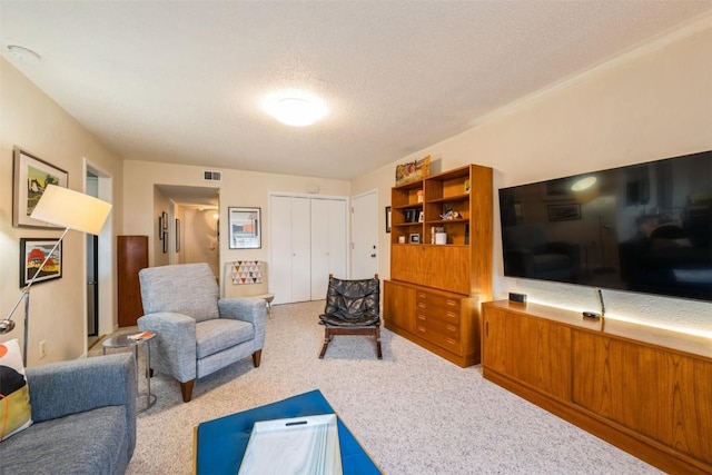 carpeted living room featuring a textured ceiling