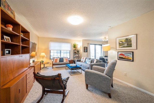 carpeted living room with a textured ceiling