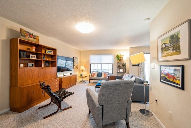 carpeted living room featuring a textured ceiling