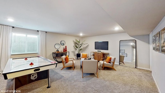 playroom with light colored carpet