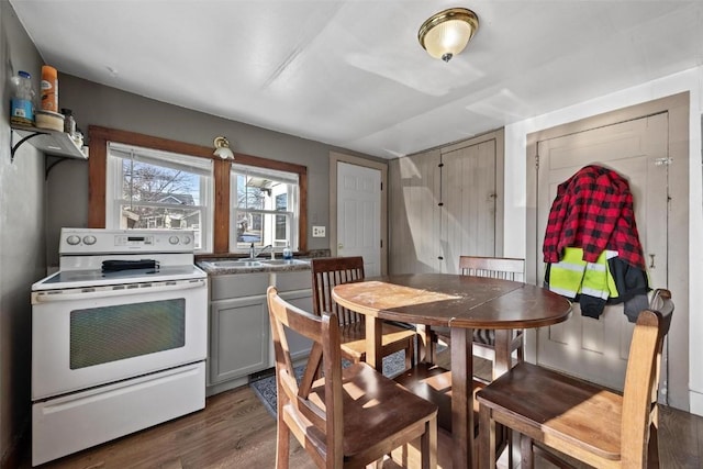 kitchen with dark hardwood / wood-style flooring, gray cabinetry, white range with electric cooktop, and sink