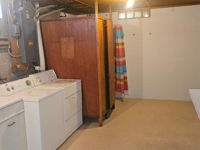 washroom with washer and dryer and electric panel