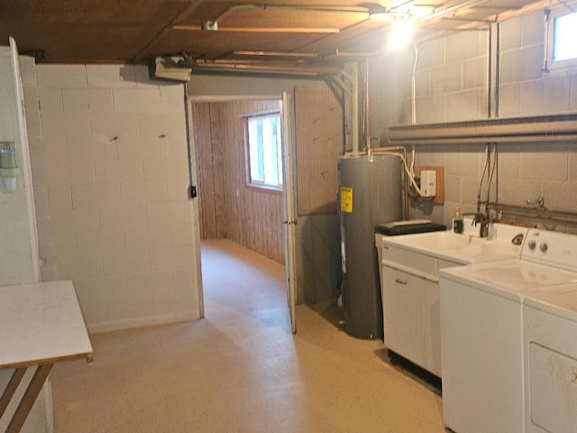 laundry room with electric water heater and washing machine and clothes dryer