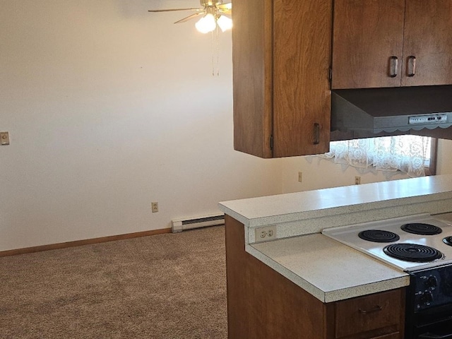 kitchen featuring electric stove, ceiling fan, carpet floors, wall chimney exhaust hood, and a baseboard radiator