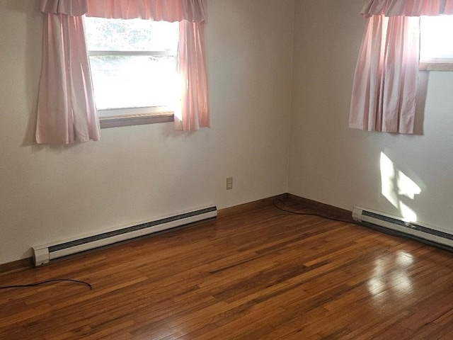 unfurnished room featuring dark hardwood / wood-style floors and a baseboard radiator