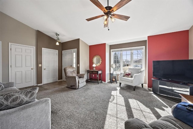 carpeted living room featuring lofted ceiling and ceiling fan