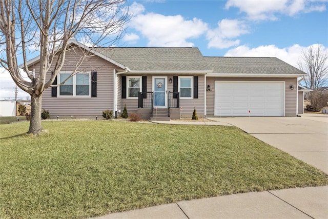 single story home featuring a front yard and a garage