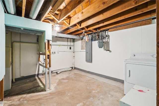 basement featuring washer / dryer and electric panel