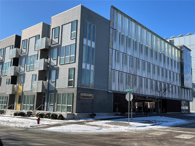 view of snow covered building