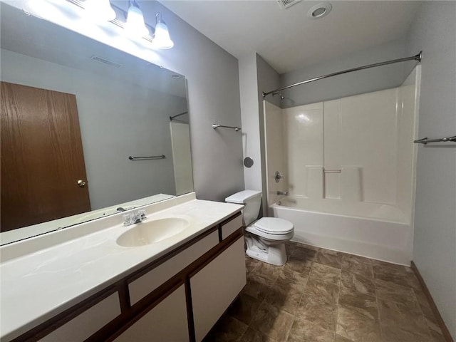 full bathroom with vanity, tub / shower combination, and toilet