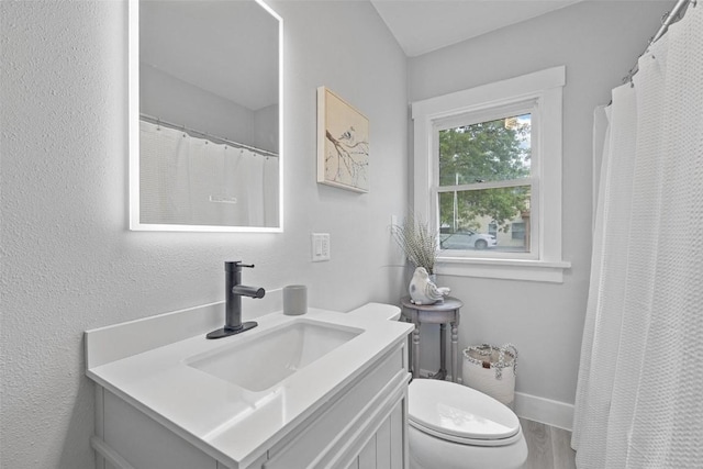 bathroom featuring vanity, toilet, and hardwood / wood-style floors