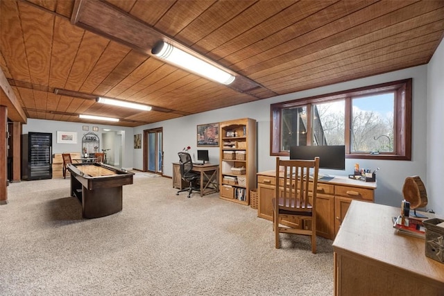 rec room featuring light carpet and wooden ceiling