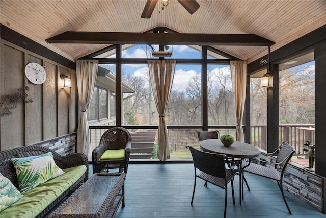 sunroom featuring lofted ceiling and ceiling fan