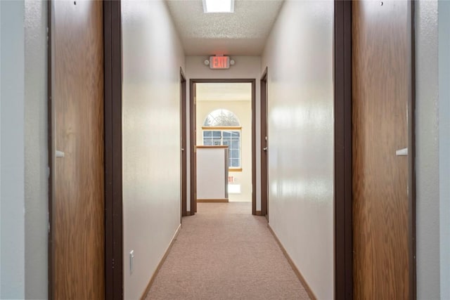 corridor featuring light colored carpet and a textured ceiling