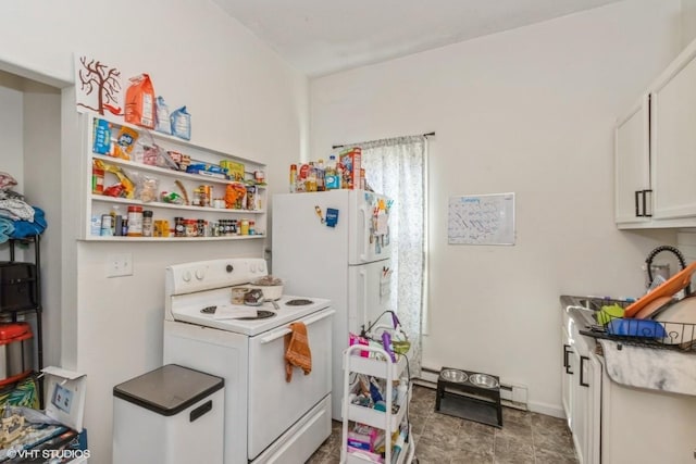 kitchen featuring white appliances, a baseboard radiator, and white cabinets