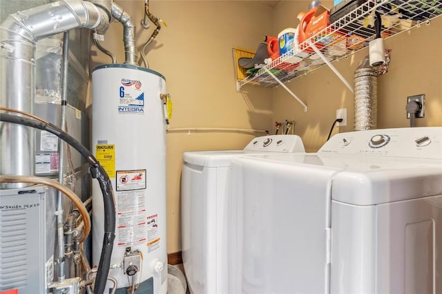 laundry room with water heater and washing machine and clothes dryer