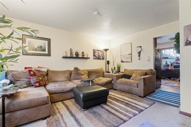 living room with a textured ceiling and carpet flooring