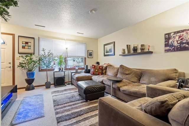 carpeted living room with a textured ceiling